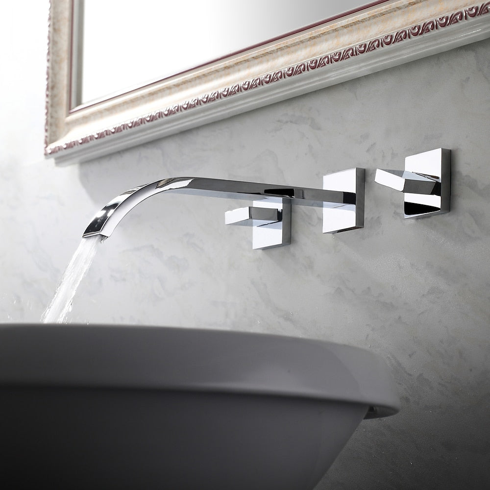 Chrome Modern Waterfall Bathroom Faucet, Wall-Mount 3-Hole Dual-Handle Faucet