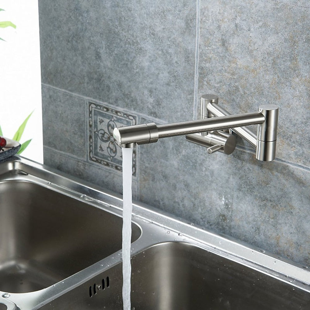 Brushed Nickel Double-Jointed Wall-Mount Pot Filler Faucet, Modern Single-Handle Brass Faucet