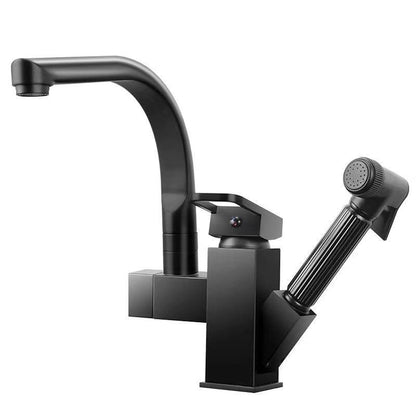 Modern Single-Handle Kitchen Faucet, Swivel Spout Faucet with Pull-Out Sprayer, Matte Black / Chrome