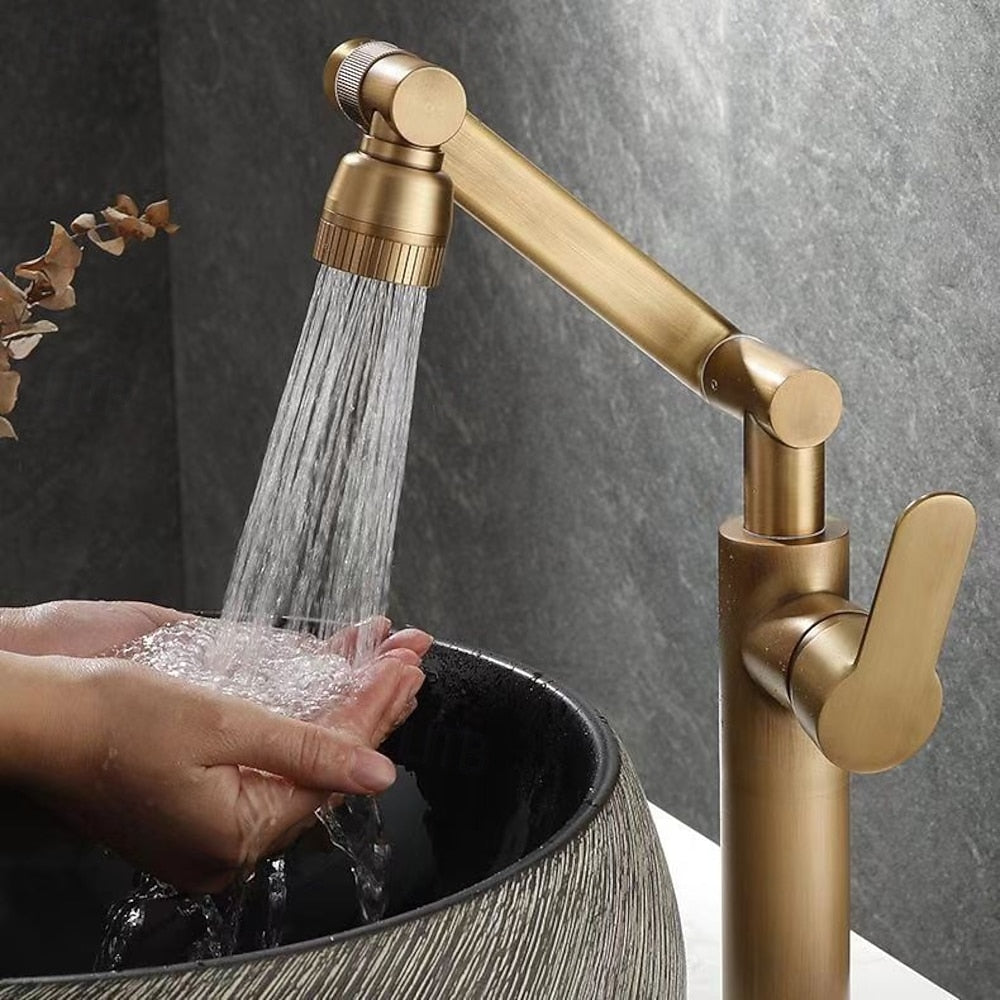 Single-Handle Swivel Arm Bathroom Faucet, Single-Hole Basin Faucet with Dual Spray Nozzle, Antique Brass / Brushed Gold / Chrome / Gunmetal / Matte Black