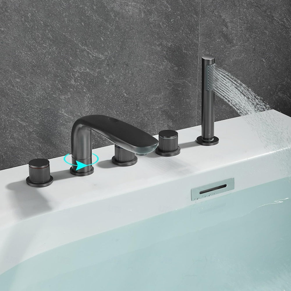 Deck-Mount 5-Hole Bathtub Faucet, Modern Widespread Tub Faucet with Handheld Shower, Matte Black / Brushed Gold