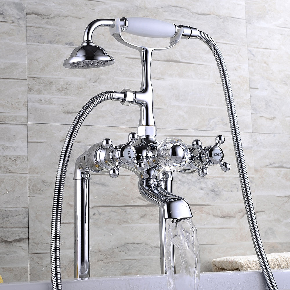 Traditional Roman Tub Faucet with Handheld Shower, 3-Handle Deck-Mount Tub Filler, Chrome / Polished Gold