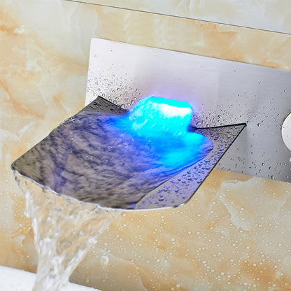 LED Waterfall Brushed Nickel Bathroom Sink Faucet, Modern Wall-Mount Single-Handle Faucet