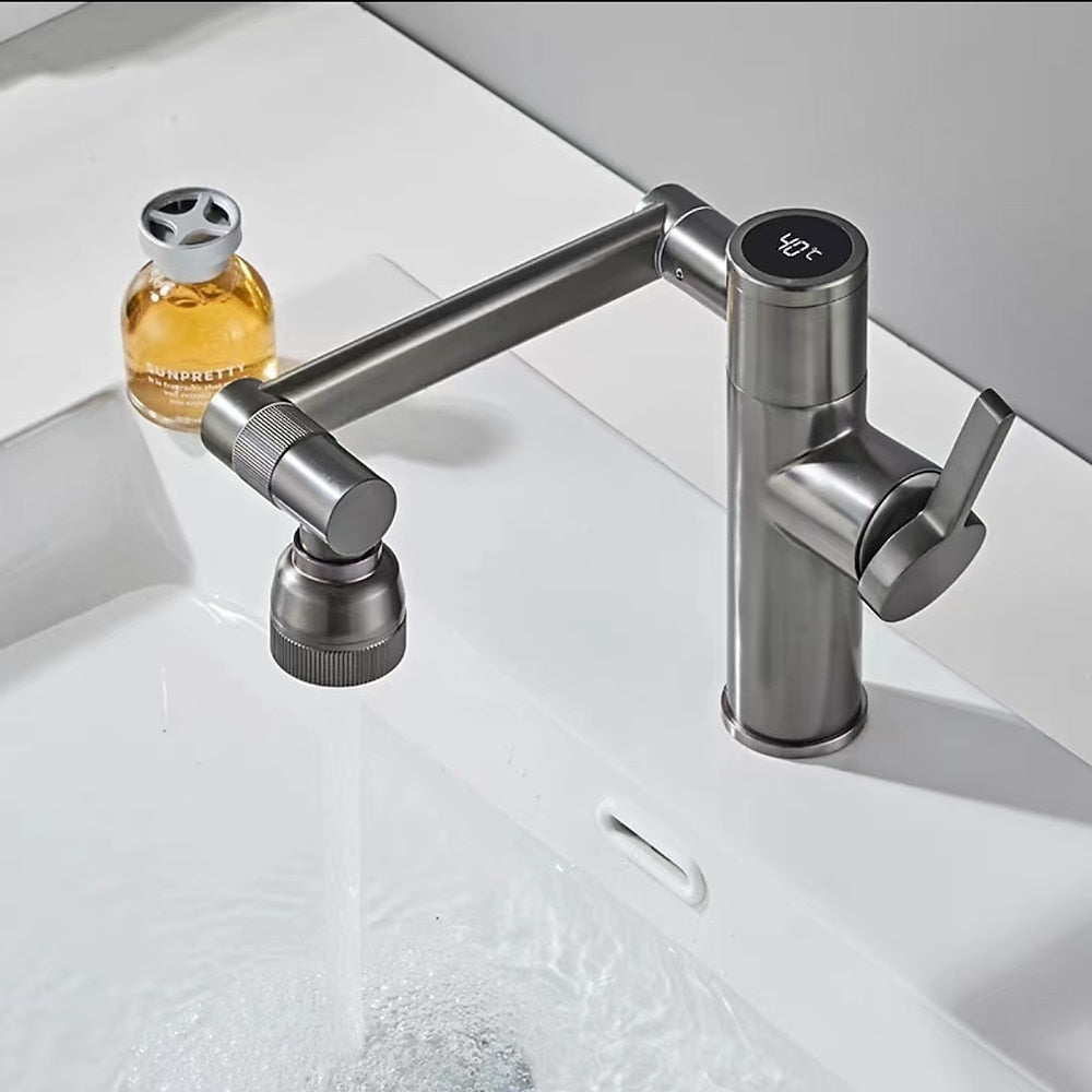 LED Temperature Display Bathroom Sink Faucet, Single-Handle Foldable Swivel Spout Faucet, Antique Brass / Gunmetal