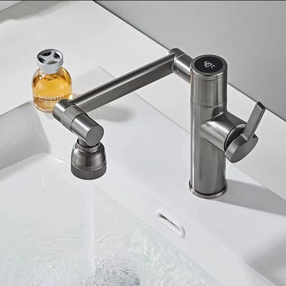 LED Temperature Display Bathroom Sink Faucet, Single-Handle Foldable Swivel Spout Faucet, Antique Brass / Gunmetal