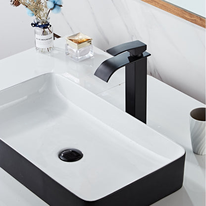 Waterfall Single-Hole Bathroom Faucet, Modern Single-Handle Vessel Sink Faucet, Matte Black / Polished Gold