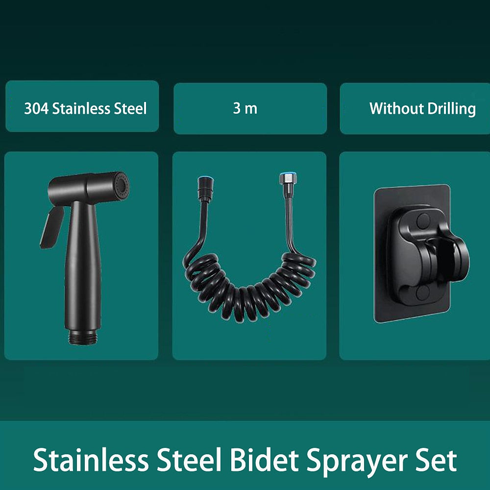 No-Drilling Wall-Mount Bidet Sprayer Set, Handheld Toilet Shattaf Sprayer, Stainless Steel / Matte Black