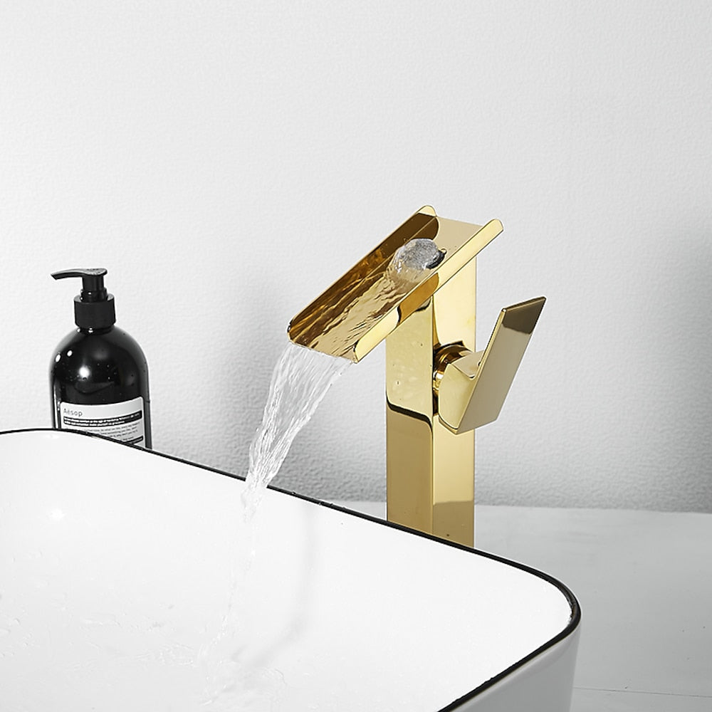 Brushed Gold Waterfall Bathroom Sink Faucet, Modern Single-Hole Single-Handle Faucet