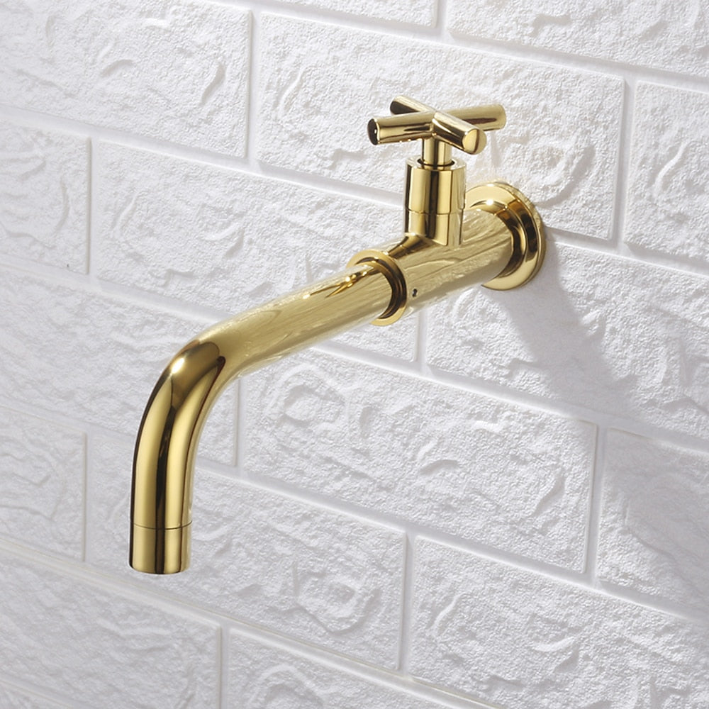 Modern Wall-Mount Swivel Spout Faucet, Single Cross Handle Cold Only Bathroom Faucet, Brushed Gold / Chrome / Gunmetal