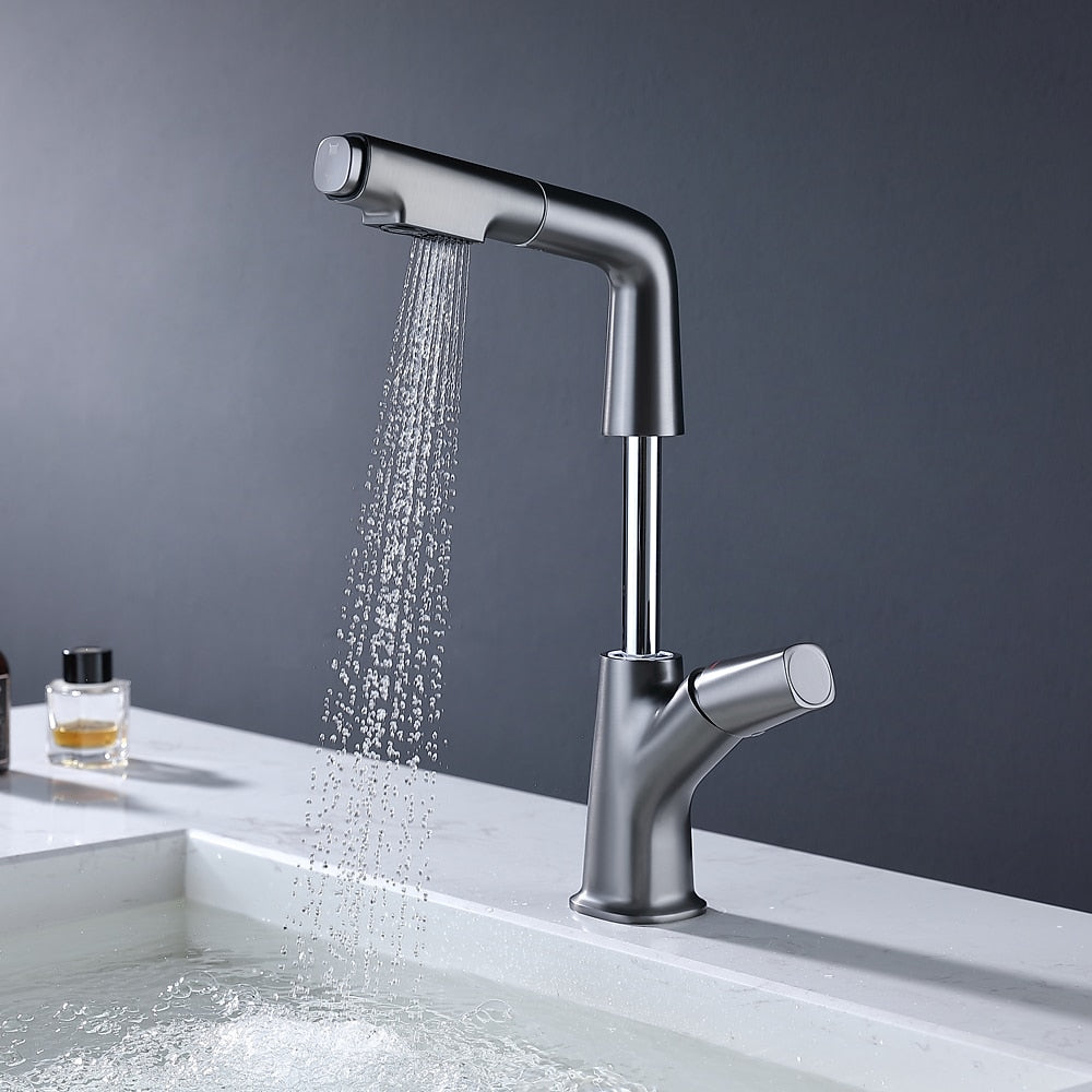 Modern Height-Adjustable Pull-Out Bathroom Faucet, Single-Hole Single-Handle Brass Faucet, Chrome / Matte Black / Matte White / Gunmetal