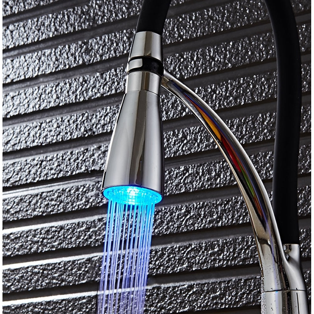 Modern LED Pull-Down Kitchen Faucet, Single-Handle Brass Faucet with Swivel Silicone Hose, Silver / Black / Multi