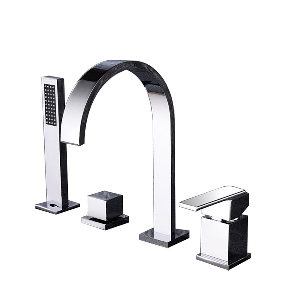 Waterfall Roman Tub Faucet, Deck-Mounted Single-Handle 4-Hole Faucet with Handheld Shower, Chrome / Matte Black
