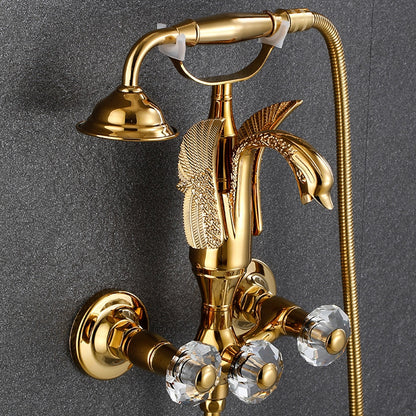 Swan Spout Wall-Mount Bathtub Faucet, Dual-Handle Tub Filler with Handheld Shower, Antique Brass / Matte Black / Chrome / Polished Gold