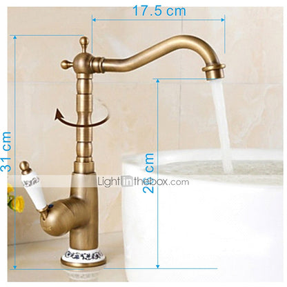 Antique Brass Vintage Single-Hole Bathroom Faucet, High Arc Swivel Spout Vessel Sink Faucet with Ceramic Handle