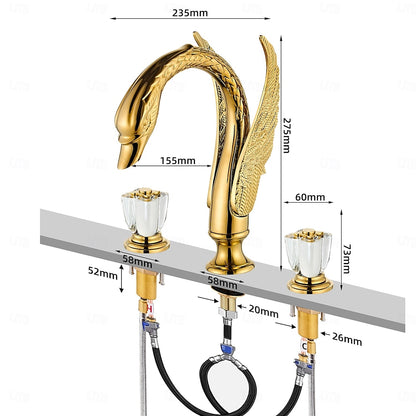 Polished Gold Swan Design Widespread Bathroom Faucet, 3-Hole Dual-Handle Faucet with Crystal Knob Handles