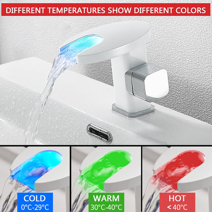 LED Waterfall Bathroom Faucet, Single-Handle Deck-Mount Faucet, Matte Black / Chrome / Polished Gold / Matte White