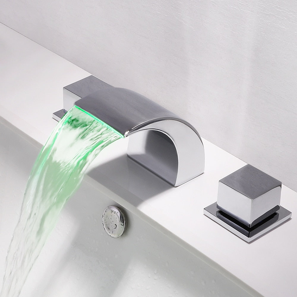 LED Waterfall Bathroom Faucet, Widespread Double-Handle Brass Faucet, Matte Black / Brushed Nickel / Chrome