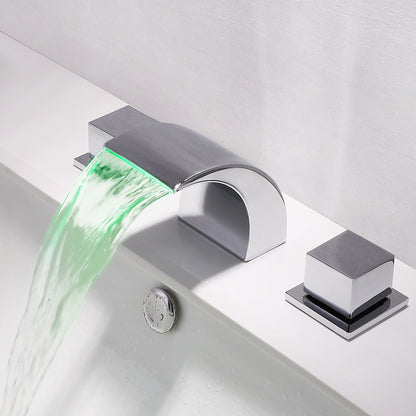 LED Waterfall Bathroom Faucet, Widespread Double-Handle Brass Faucet, Matte Black / Brushed Nickel / Chrome