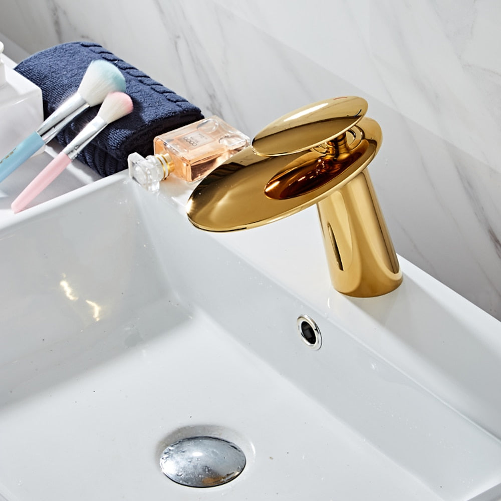 Polished Gold Modern Single-Hole Bathroom Faucet, Single-Handle Waterfall Spout Faucet