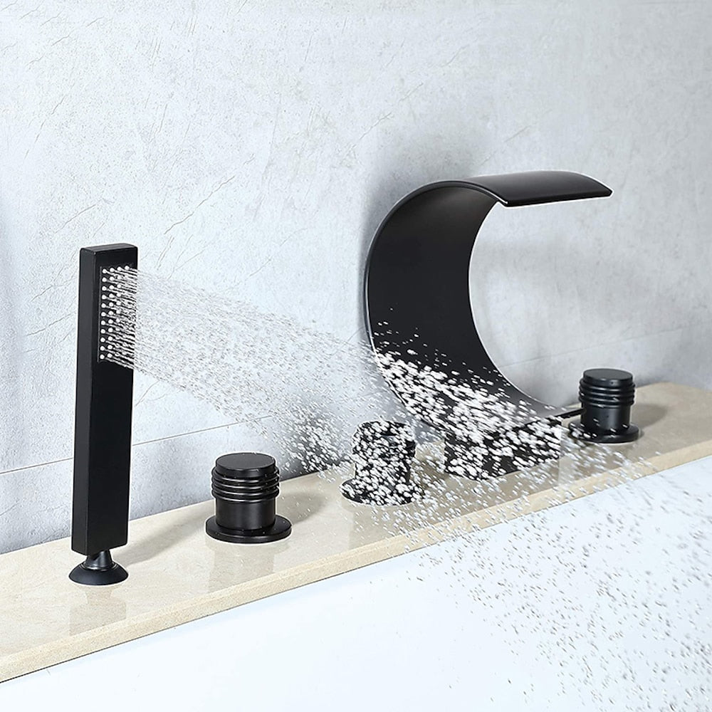 Modern Waterfall Roman Tub Faucet, 3-Handle Brass Bathtub Faucet with Handheld Shower, Matte Black / Chrome