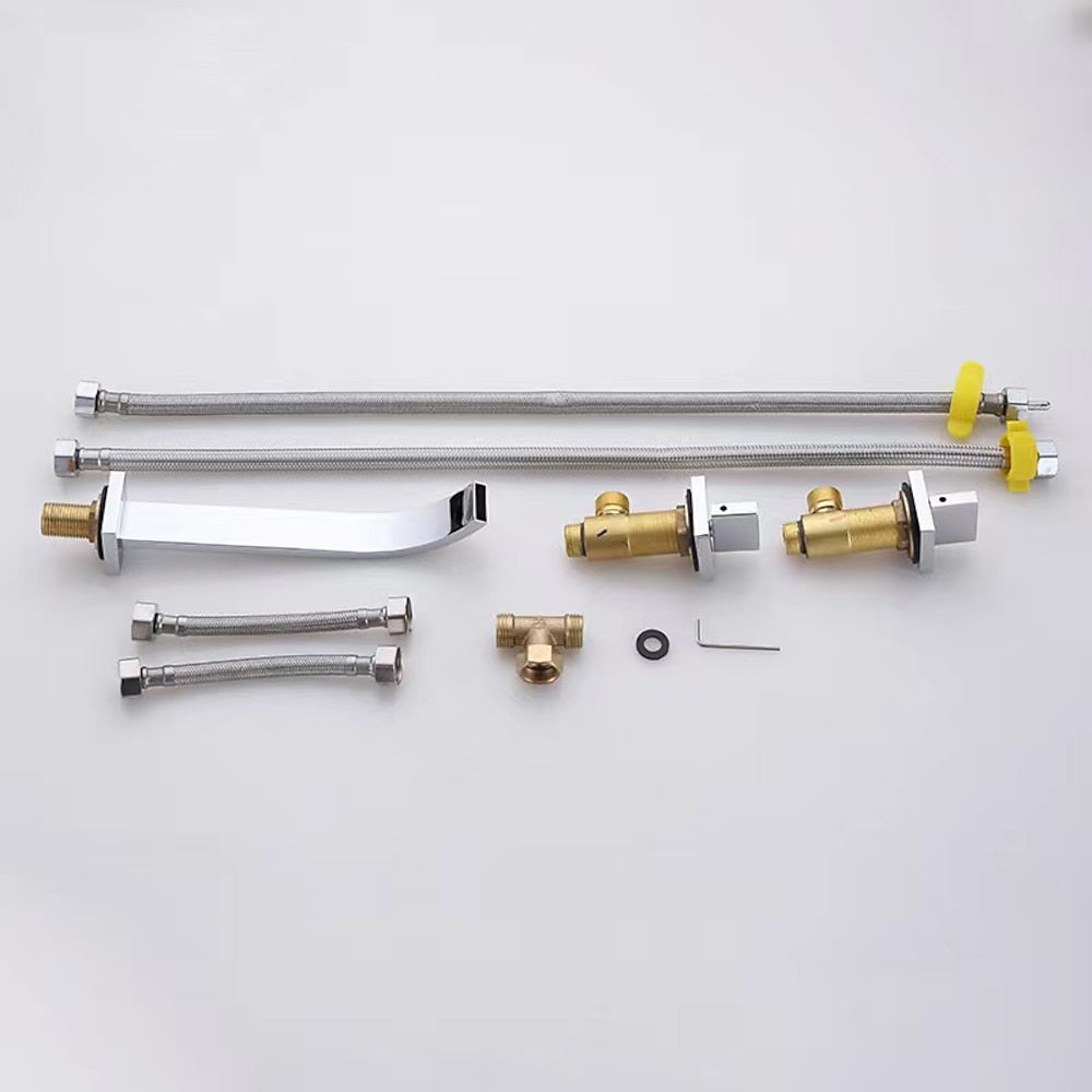 Chrome Modern Waterfall Bathroom Faucet, Wall-Mount 3-Hole Double-Handle Faucet