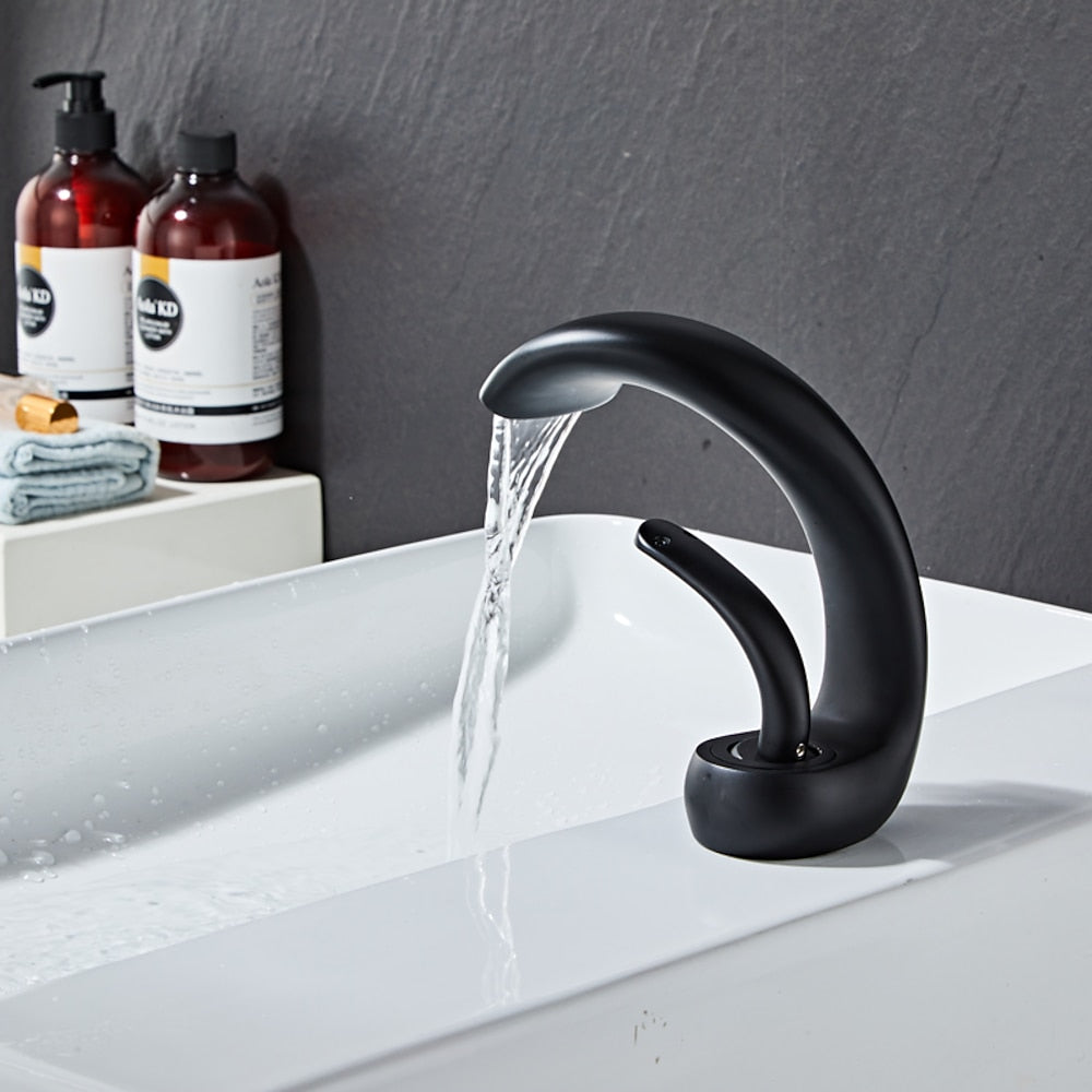 Modern Waterfall Single-Hole Bathroom Faucet, Single-Handle Brass Body Faucet, Matte Black / Brushed Nickel / Chrome / Matte White