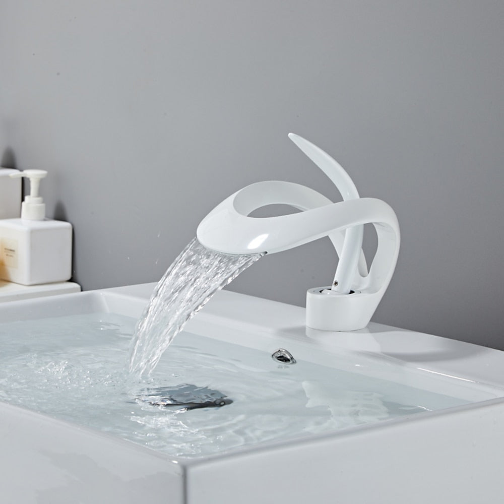 Waterfall Single-Hole Bathroom Faucet, Single-Handle Brass Vessel Sink Faucet, Matte Black / Chrome / Brushed Gold / Matte White / Gunmetal