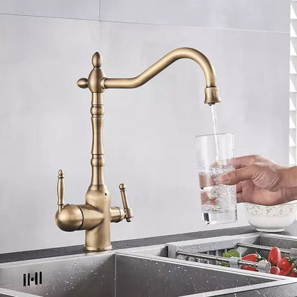 Traditional Brass 3-Way Purified Water Kitchen Faucet, Dual-Handle Swivel Spout Faucet, Antique Brass / Chrome / Matte Black / Polished Gold