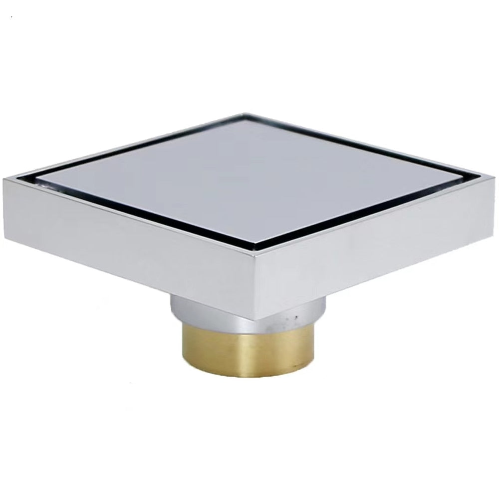 2-in-1 Reversible Square Shower Floor Drain, Solid Brass Floor Drain with Hair Strainer, Matte Black / Chrome / Brushed Gold