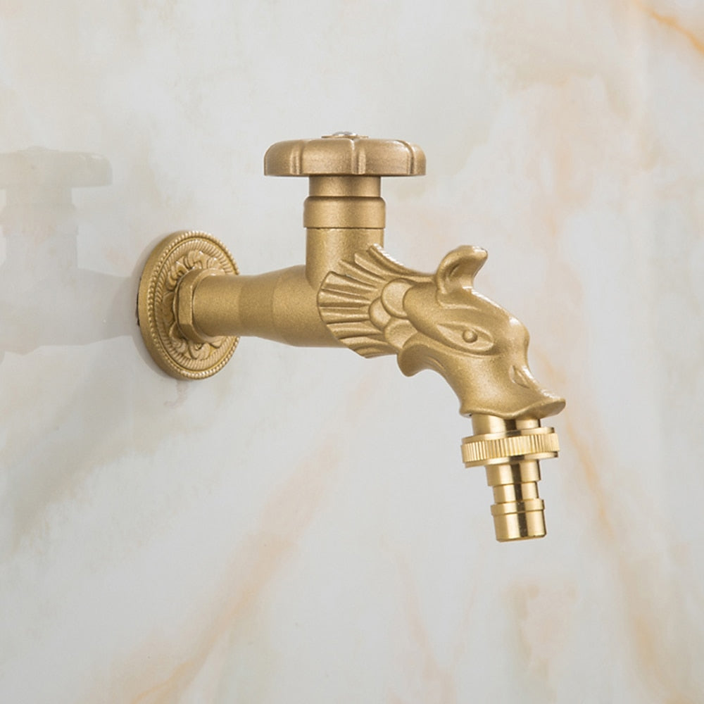 Retro Dragon Design Wall-Mount Outdoor Faucet, Single-Handle Brass Faucet, Antique Brass / Matte Black / Brushed Gold
