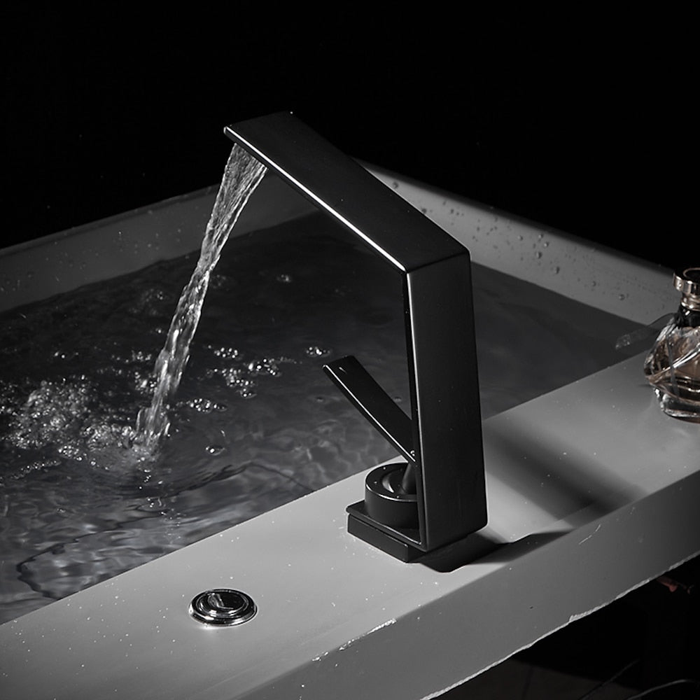 Waterfall Single-Hole Bathroom Faucet, Single-Handle Brass Faucet, Matte Black / Matte White / Chrome / Gunmetal