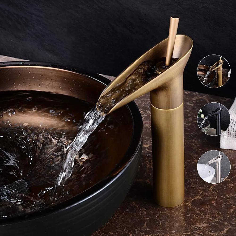 Waterfall Vessel Bathroom Faucet, Single-Handle Brass Faucet, Antique Brass / Matte Black / Chrome