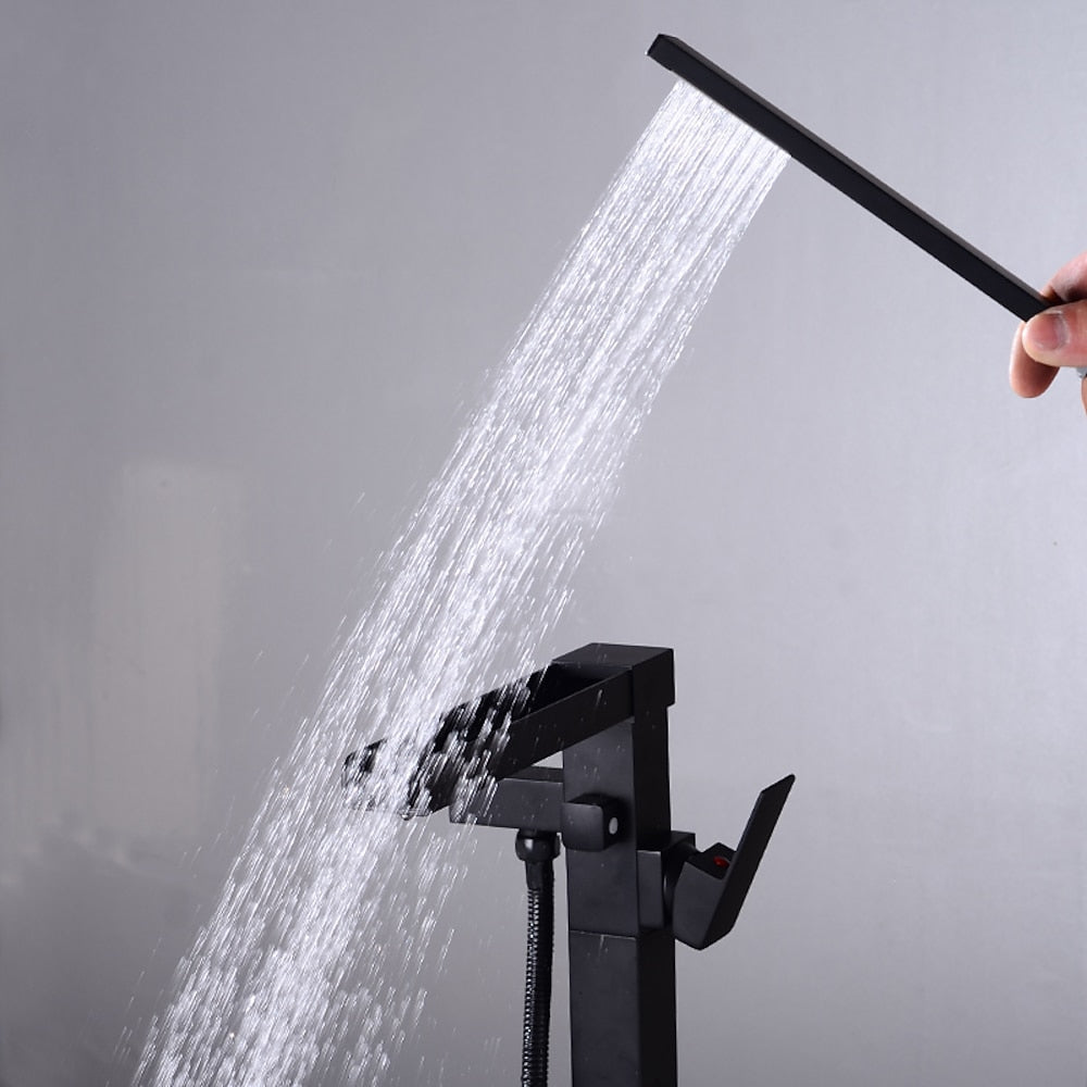 Modern Waterfall Freestanding Tub Filler, Single-Handle Tub Faucet with Handheld Shower