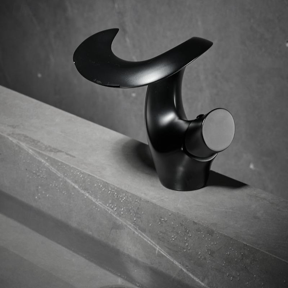 Waterfall Single-Hole Bathroom Faucet, Single-Handle Brass Deck Mount Faucet, Brushed Gold / Chrome / Matte Black / Matte White