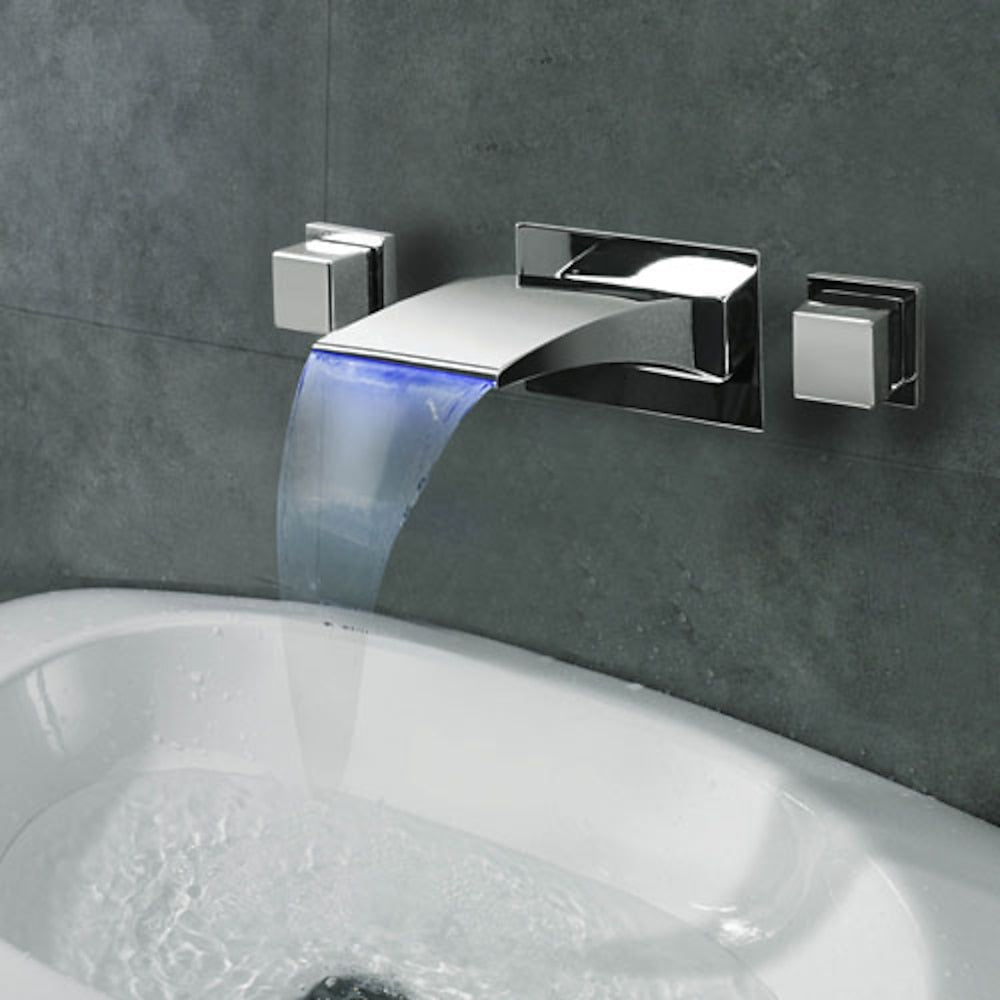 LED Chrome Waterfall Bathroom Faucet, Modern Wall-Mount 3-Hole Dual-Handle Faucet