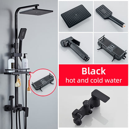 Matte Black Modern Wall-Mounted Shower System, Exposed Rainfall / Handheld Shower System with Bidet Sprayer / Storage Shelf