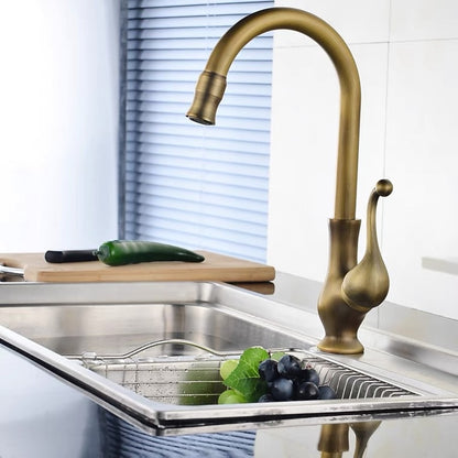 Antique Brass Traditional High Arc Kitchen Faucet, Single-Handle Single-Hole Brass Faucet with Swivel Spout