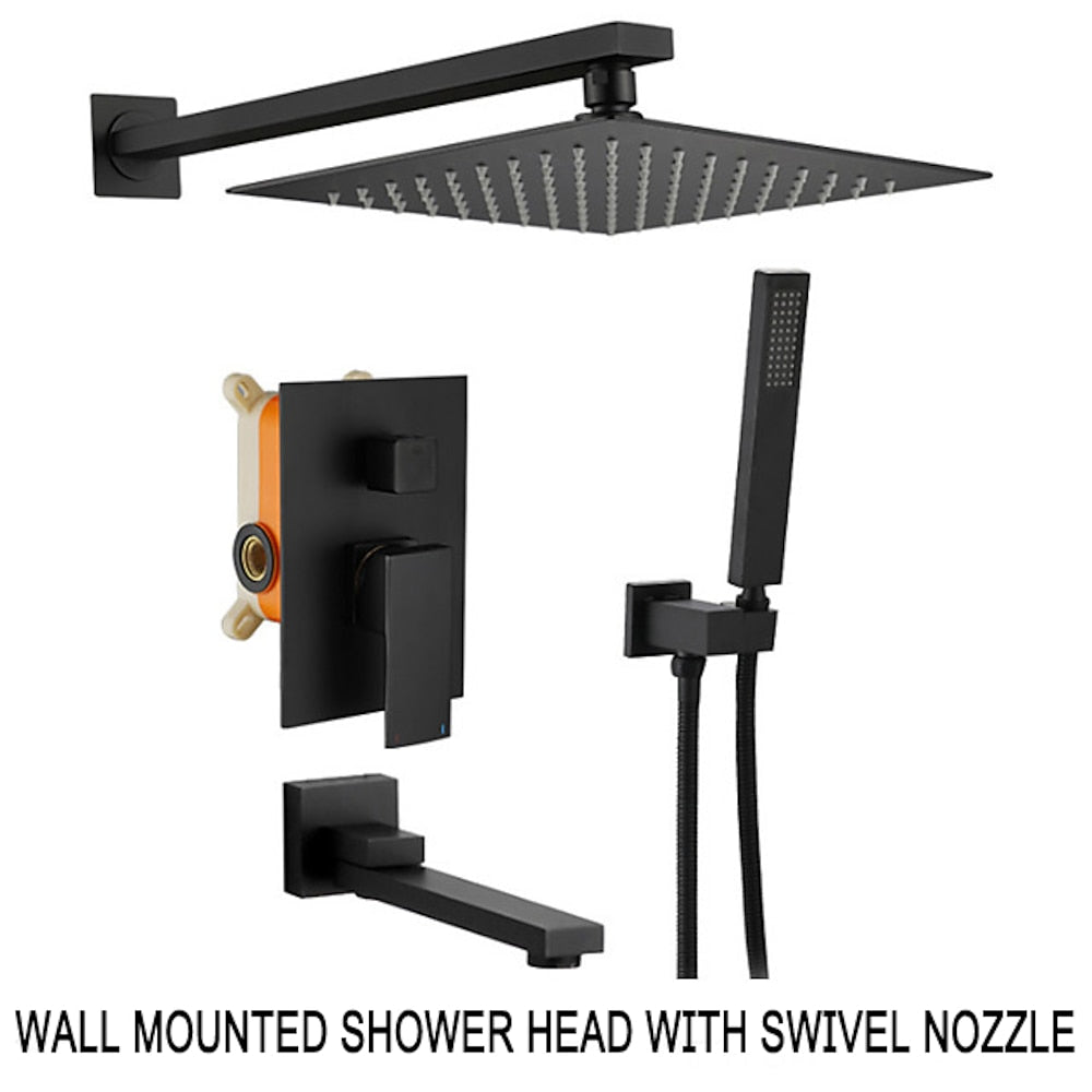 Matte Black Rainfall Shower System, Single-Handle Wall-Mount Faucet Set with Handheld Shower