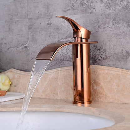 Rose Gold Modern Single-Hole Bathroom Faucet, Single-Handle Waterfall Spout Faucet with Pop-Up Drain
