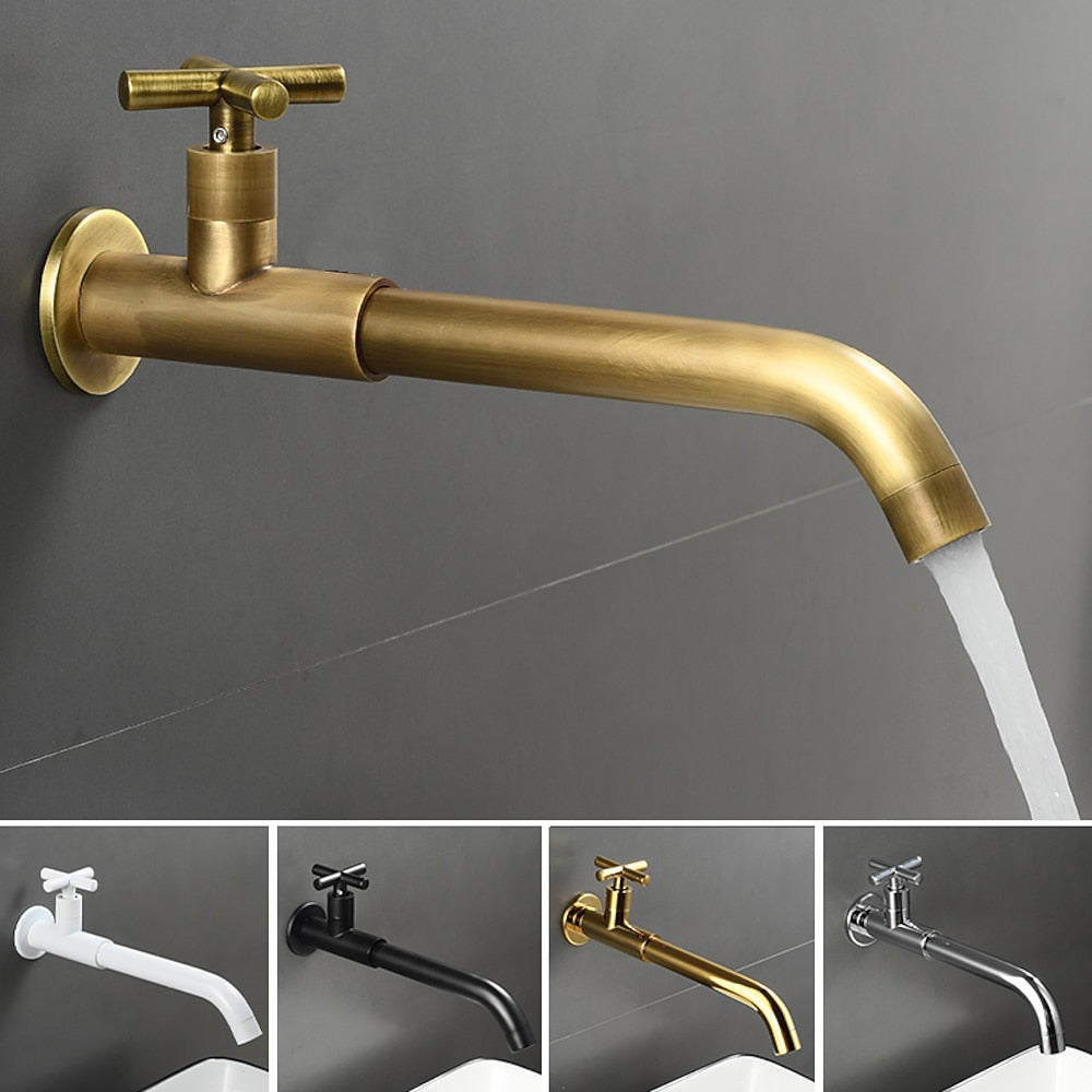 Wall-Mount Single-Hole Bathroom Faucet, Single Cross Handle Swivel Spout Faucet, Antique Brass / Matte Black / Chrome / Matte White / Polished Gold / Gunmetal