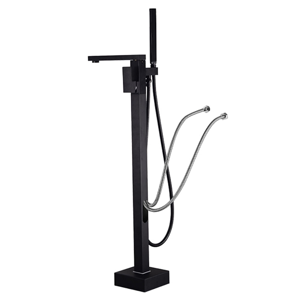 Modern Freestanding Floor-Mount Tub Filler Faucet, Single-Handle Brass Faucet with Handheld Shower, Matte Black / Chrome
