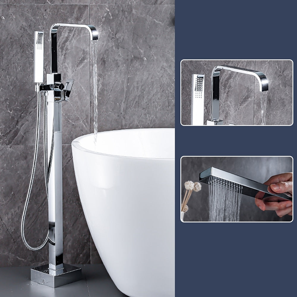 Modern Freestanding Tub Filler Faucet, Single-Handle Brass Bathtub Faucet with Handheld Shower, Chrome / Matte Black