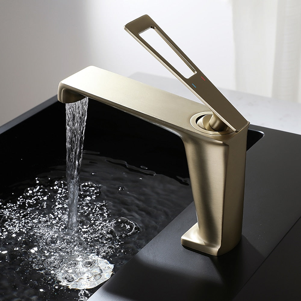 Modern Geometric Spout Single-Hole Bathroom Faucet, Single-Handle Brass Vanity Faucet, Brushed Gold / Chrome / Gunmetal / Matte Black