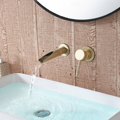 Modern Wall-Mount Waterfall Bathroom Faucet, Single-Handle Brass Faucet, Antique Brass / Brushed Gold
