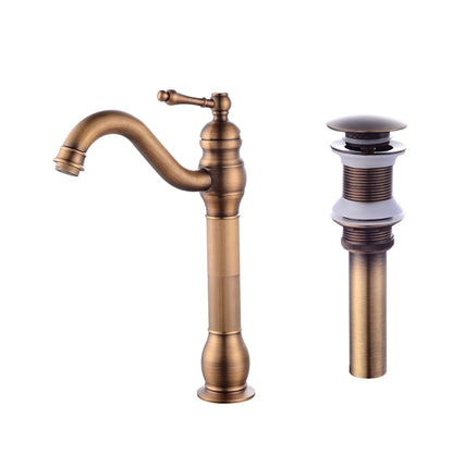 Antique Brass High-Arc Vessel Sink Faucet, Traditional Single-Handle Single-Hole Brass Faucet with Pop-Up Drain