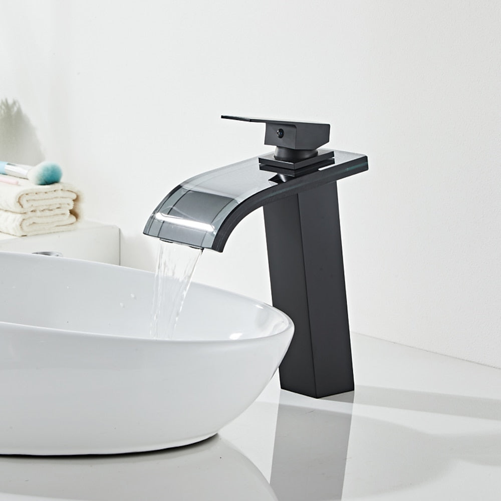 Waterfall Glass Spout Bathroom Faucet, Single-Handle Single-Hole Faucet, Brushed Gold / Chrome / Matte Black / Brushed Nickel