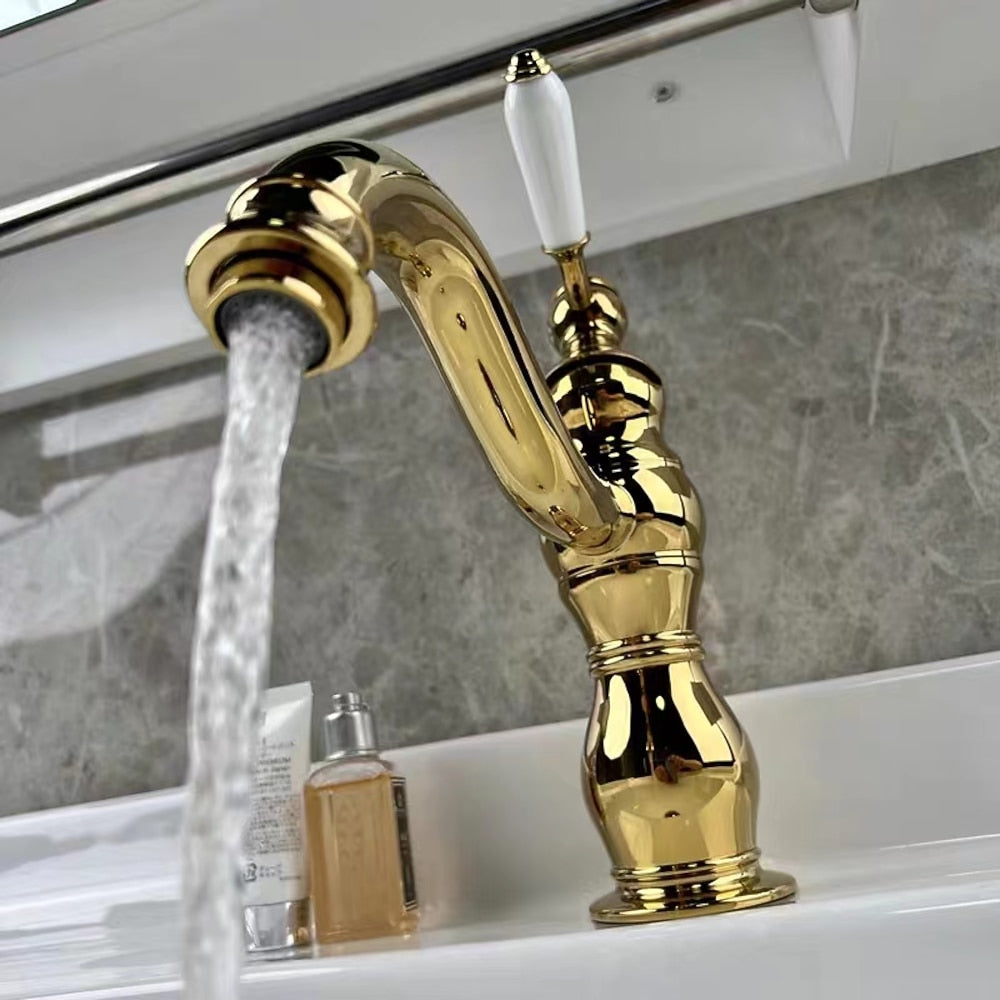 Vintage Single-Hole Bathroom Sink Faucet, Single-Handle Brass Faucet, Polished Gold / Chrome