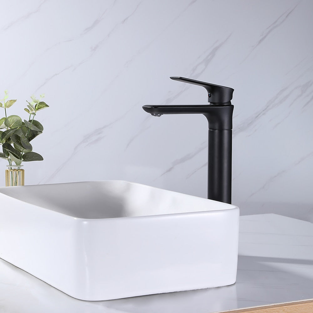 Matte Black Modern Single-Hole Vessel Sink Faucet, Single-Handle Tall Bathroom Faucet