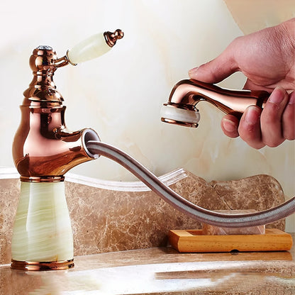 Pull-Out Vintage Single-Hole Bathroom Faucet, Single-Handle Brass Faucet, Rose Gold