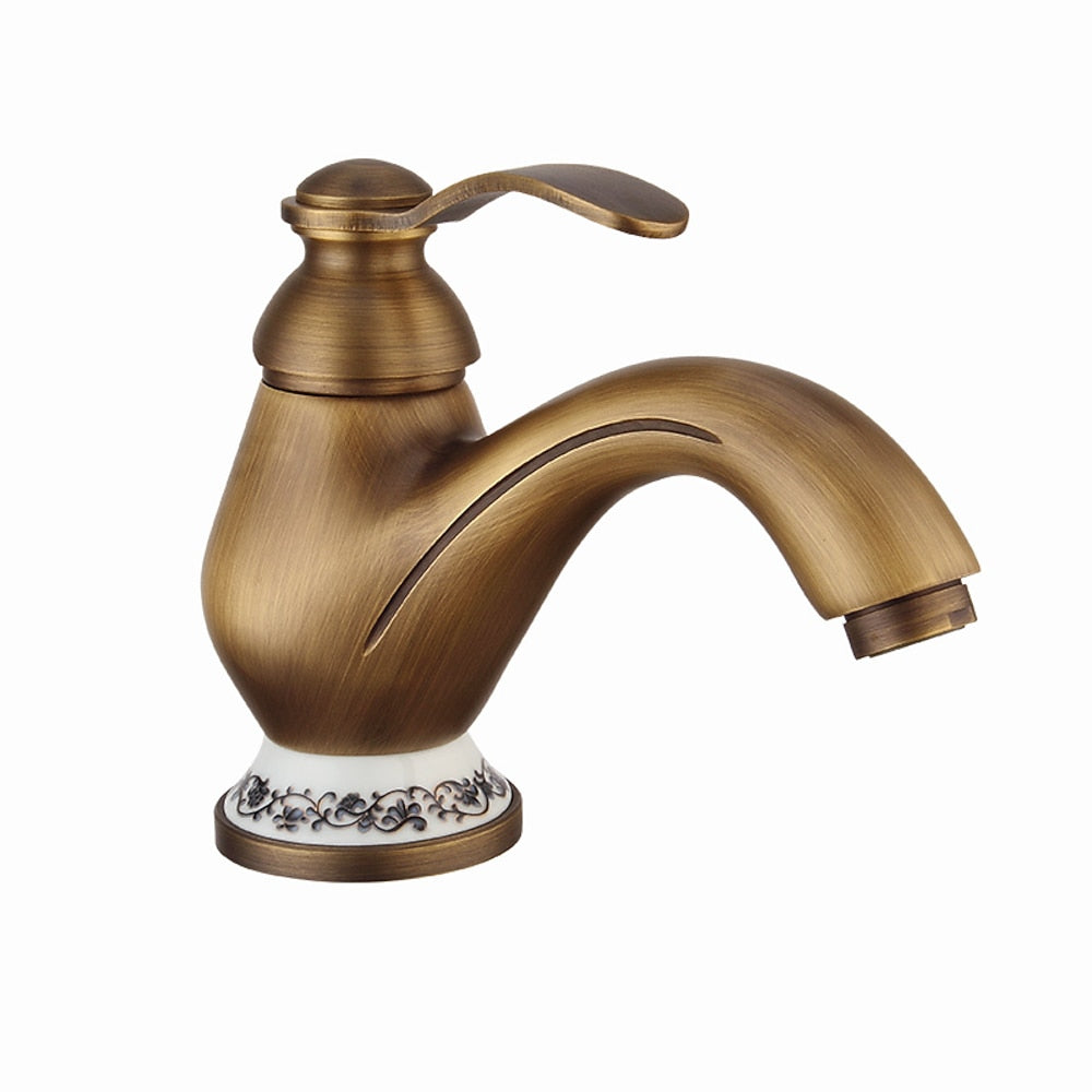 Vintage Antique Brass Bathroom Faucet, Single-Handle Single-Hole Faucet with Floral Ceramic Base